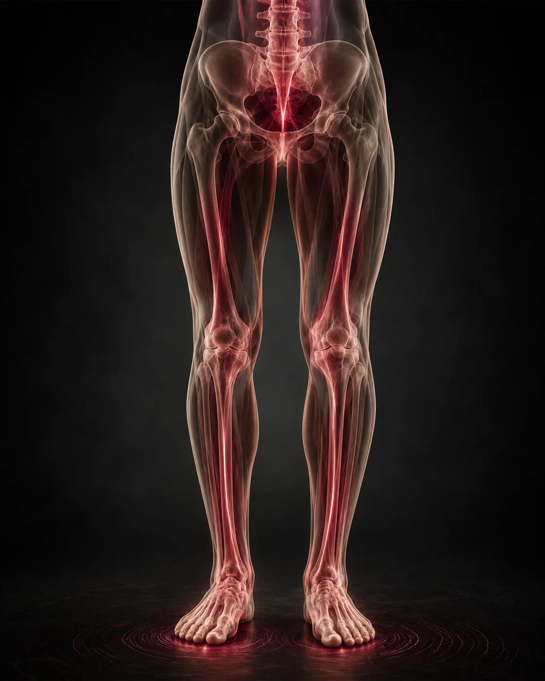 Vista frontal anatómica desde la pelvis hasta los pies con ambos miembros inferiores.