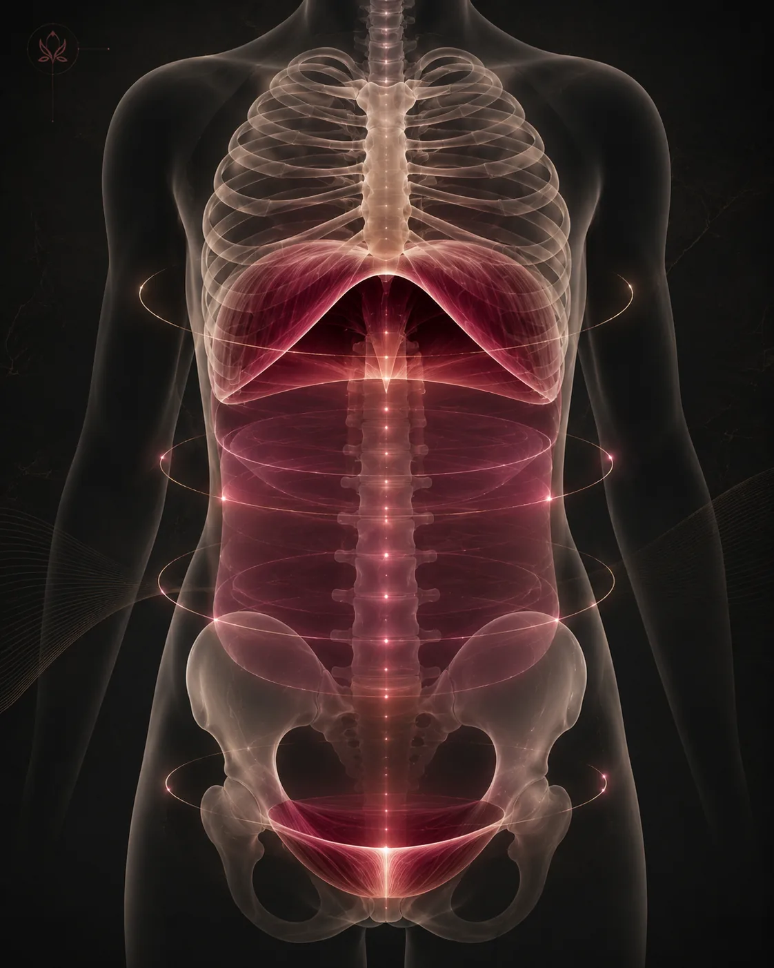 Vista frontal del tronco con el diafragma y los anillos de presión abdominal.
